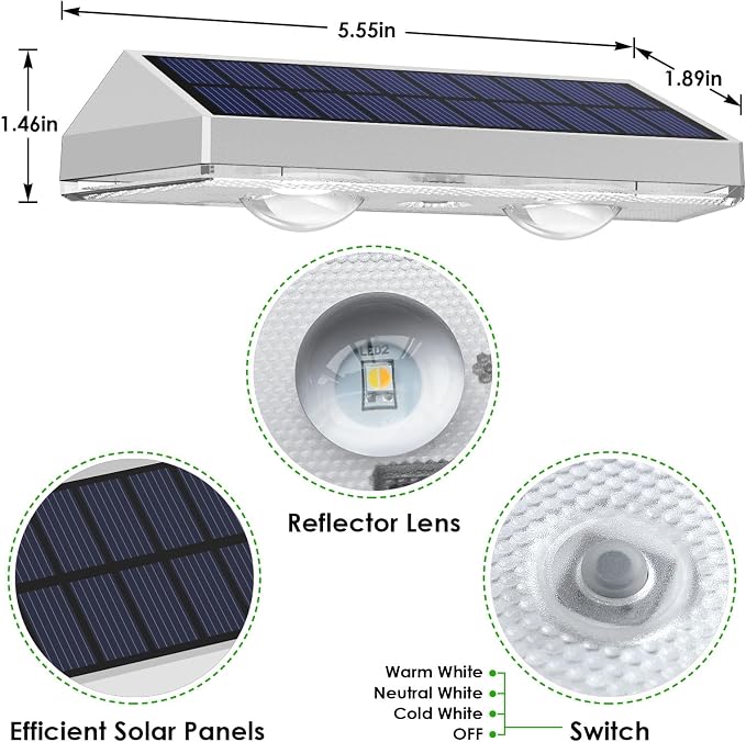 LIANGLOME 2 Pack Solar Fence Lights - 2PK Solar Outdoor Light Warm White/Daylight White/Cold White 3 Mode Deck Lights for Outside, Deck Fences, Stair Railings, Pools and Walls