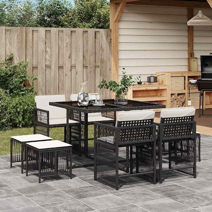 9-Piece Garden Dining Set with Cream White Poly Rattan and Tempered Glass Table, Foldable and Stackable Chairs for 8 People, Outdoor Patio Furniture