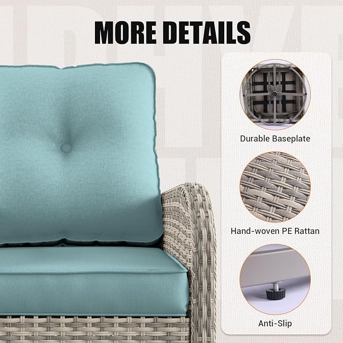 9-Piece Patio Rocking Swivel Chair Outdoor Wicker Rattan Bistro Set with Tempered Glass Side Table, Outdoor Patio Furniture Set for Garden, Deck, and Balcony, Light Blue