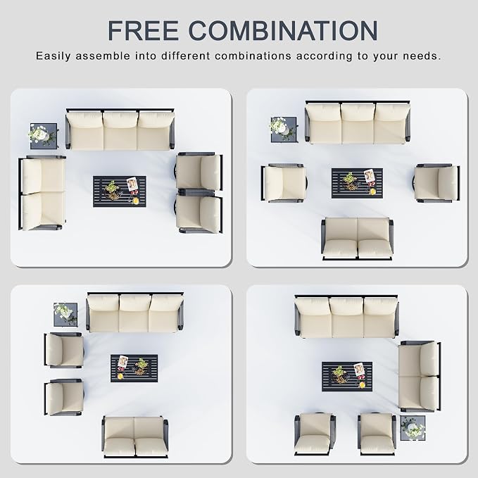 6 Pieces Outdoor Patio Conversation Sets, Outdoor Furniture Set Metal Swivel Rocking Chairs with Side Table, Loveseat Sofa with Coffee Table, 3-Seater Couch for Backyard Deck Porch Poolside, Beige