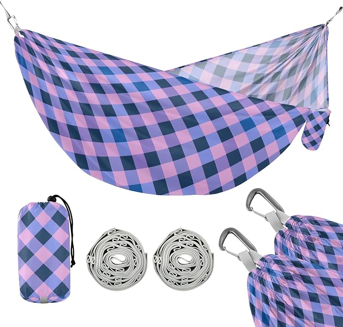 Camping Hammock Outdoor Hammocks for Outside Purple Blue Checkered Beach Trees Portable Lightweight with Pockets Tree Straps Indoor