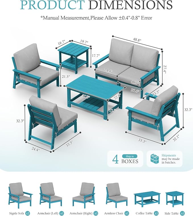 Ciokea Modular Patio Furniture Set with Thicked Cushions, 7Pcs All-Weather Outdoor Conversation Set with Coffee Table & Side Table, Modern Sectional Sofa Set for Deck (Blue Frame/Grey Cushions)