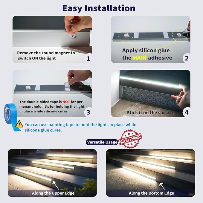 SHONELIGHTING Solar Step Lights Outside, 33 Focused LEDs, Stair Light, 6PK | Downward Lighting, High Brightness, Modular, Waterproof Aluminum, Risers, Deck, Curbsides, Planter Edges, Warm White, 3000K