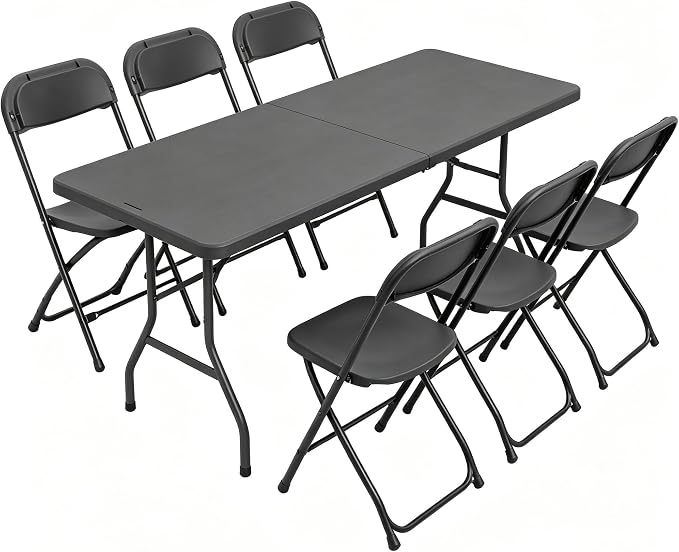 6FT Folding Table Set with 6 Plastic Folding Chairs, Black Heavy Duty Fold-in-Half Utility Table Chairs Sets for Picnic, Event, Training, Dining, Outdoor Activities Commercial Use