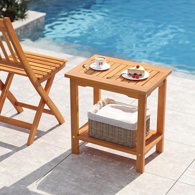 Tangkula Outdoor Side Table, 2-Tier Patio End Table with Slatted Tabletop & Storage Shelf, Acacia Wood Accent Bistro Table for Backyard, Poolside, Garden, Indoor, Natural (1)