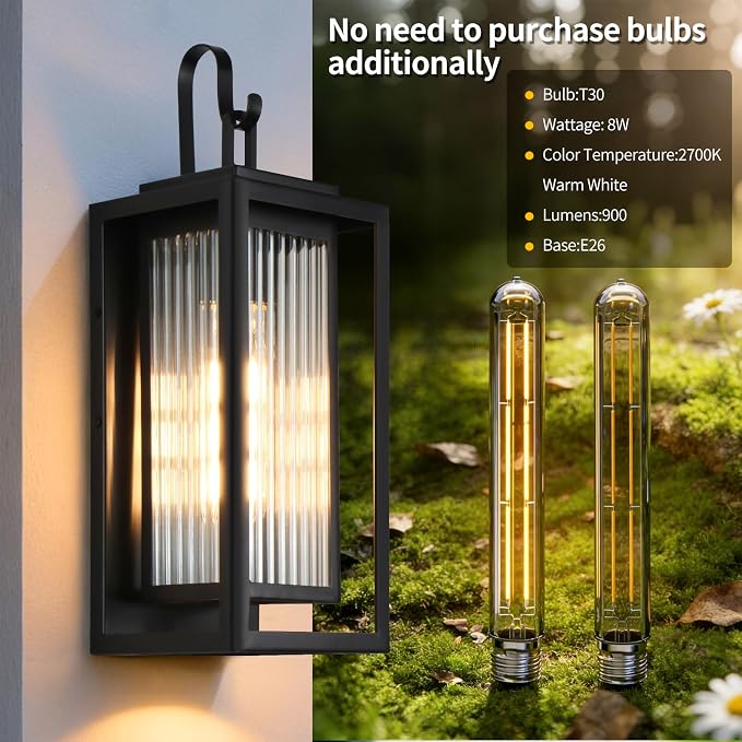 Outdoor Wall Lights for House Exterior, 18 Inch Large Black Modern Lantern with Dual Metal Frame & Textured Glass, IP65 Waterproof (Bulbs Included)