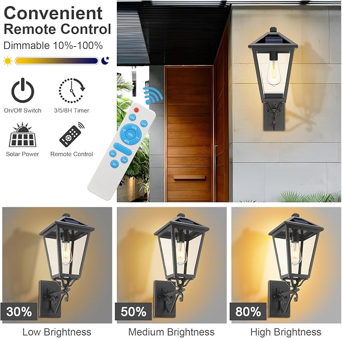 Solar Outdoor Wall Light, 20'' Vintage Lantern-Style Sconce with Remote Control, Alluminum Matte Black Weatherproof Exterior Lighting Front Porch Lights for House Garage Doorway Patio