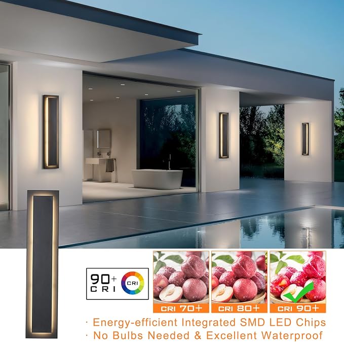 tewei 23.6 Inch Modern Outdoor Wall Sconce, Long Black LED Exterior Lighting Fixtures, Modern Large Outdoor Front Porch Lights Outside Wall Mount Lights for House, Warm White 3000K, 2 Pack