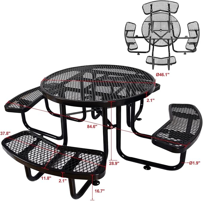 Heavy Duty Picnic Table for Outdoors 3200 lbs Load All Metal Dining Table with Umbrella Hole up to 1.5", Round Camping Table for Commercial Picnic Table with Benches, Black