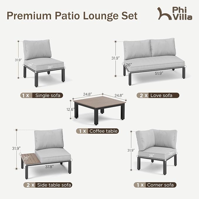 PHI VILLA 7 Pieces Outdoor Patio Furniture Set,Metal Frame Modern Outdoor Sectional Sofa Set,8 Seats Patio Conversation Sets with Coffee Table&Thickened Cushion,for Poolside and Backyard,Light Grey