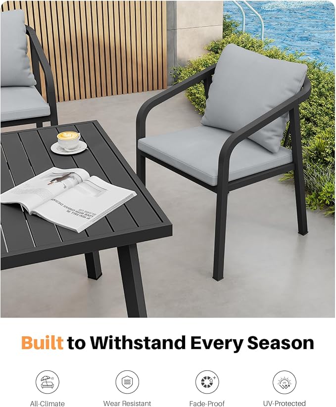 9 Pieces Patio Dining Set, Never-Rust Aluminium Patio Table and Chairs for 8, Outdoor Dining Set with Rectangle Table, Outdoor Dining Chairs with Removable Cushions for Poolside, Garden, Black