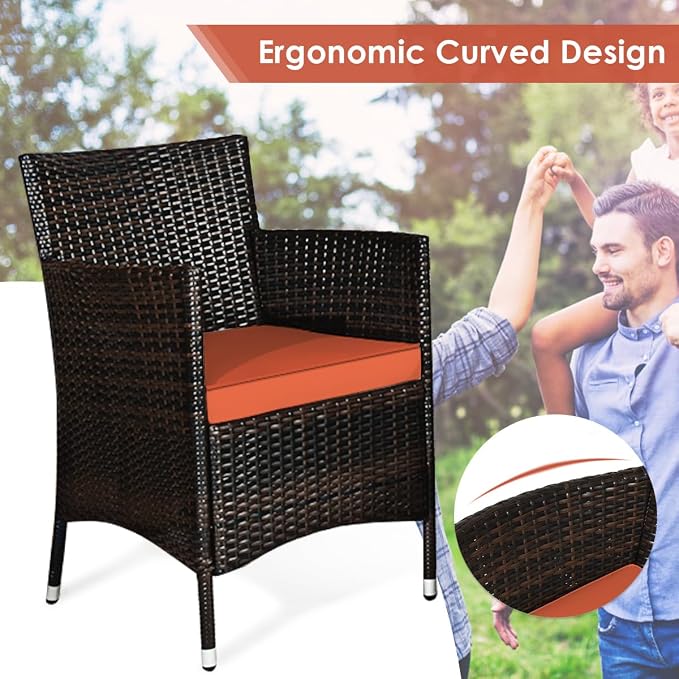 4 Pieces Patio Sofa Set, Wicker Conversation Set with Ergonomic Curved Backrest, Patio Rattan Furniture Set with Water-Resistant Cushion & Tempered Glass Table for Balcony, Porch (Orange)