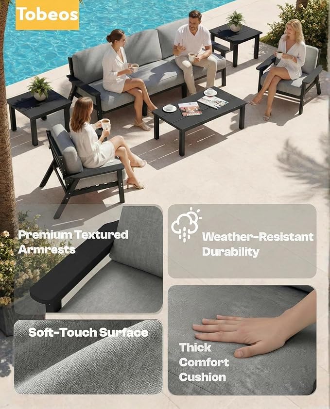 HDPE Patio Furniture Set 10 Seats, Outdoor Couch with Washable Thick Gray Cushions & Coffe Table & Side Table, Outdoor Sectional Furniture for Backyard, Deck, Lawn, Porch (Black Frame)