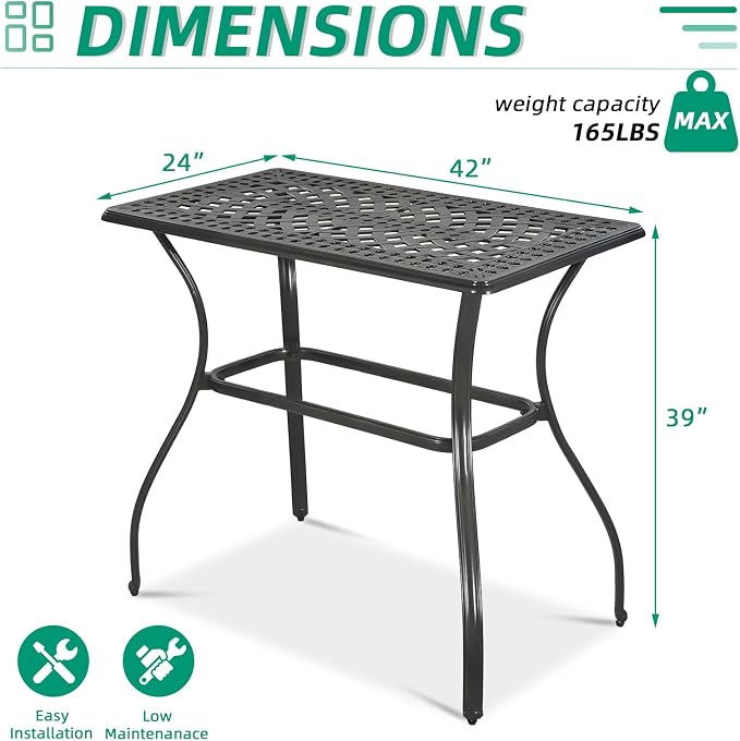 VIVIJASON Outdoor Bar Table, 42" x 24" Cast Aluminum Counter Height Table, All-Weather Patio Rectangle Pub Table with Adjustable Feet, High Top Dining Table for Backyard, Deck, Garden, Antique Bronze