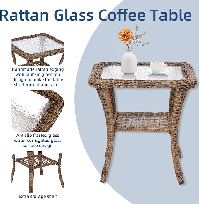 3-Piece Patio Wicker Conversation Bistro Set, All-Weather Gliding Rocking Chairs with Thickened Cushions and Glass Top Table, Outdoor Rattan Furniture Sets for Balcony Porch Garden