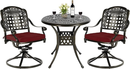 MEETWARM 3-Piece Outdoor Patio Dining Set, All-Weather Cast Aluminum Patio Conversation Set with 2 Cushions Swivel Rocker Chairs and 31" Round Table for Backyard Garden Deck, Umbrella Hole, Chili Red