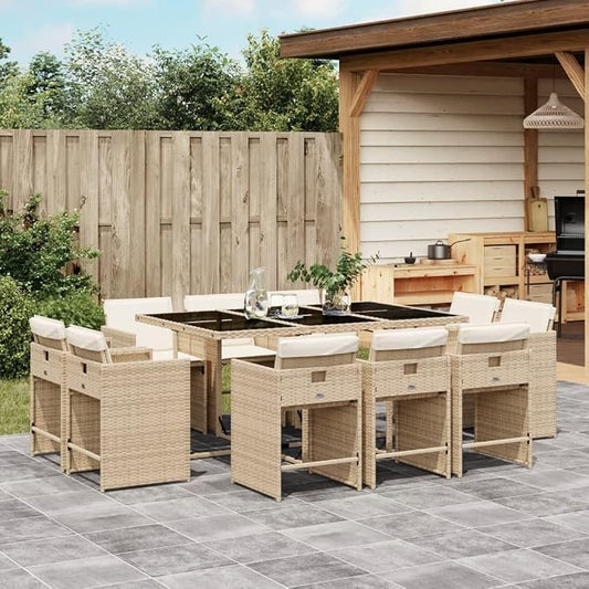 11 Piece Outdoor Rattan Dining Set with 10 Folding Chairs and Cushions Beige Poly Rattan for Patio Garden Backyard Relaxation Tempered Glass Table UV Proof 242.5 lb Capacity