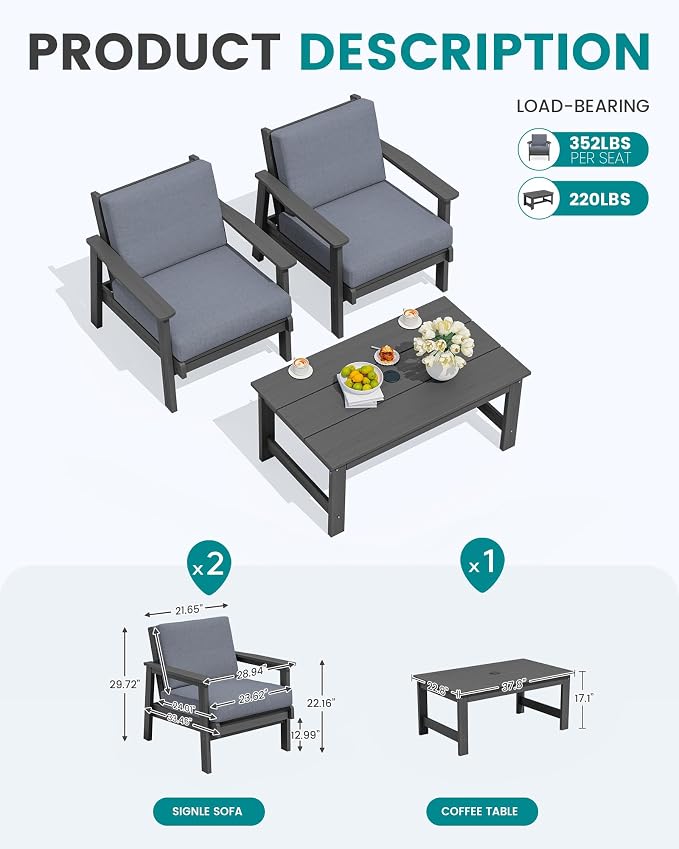 SERWALL HDPE Outdoor Couch, Grey Frame and Grey Cushion
