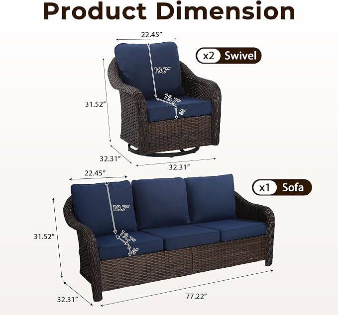 3 Piece Patio Wicker Conversation Set, All-Weather Use Outdoor Wicker Sofa with 2 PE Rattan 360 Swivel Chair, Ideal for Porch, Backyard, Balcony, Poolside, Blue
