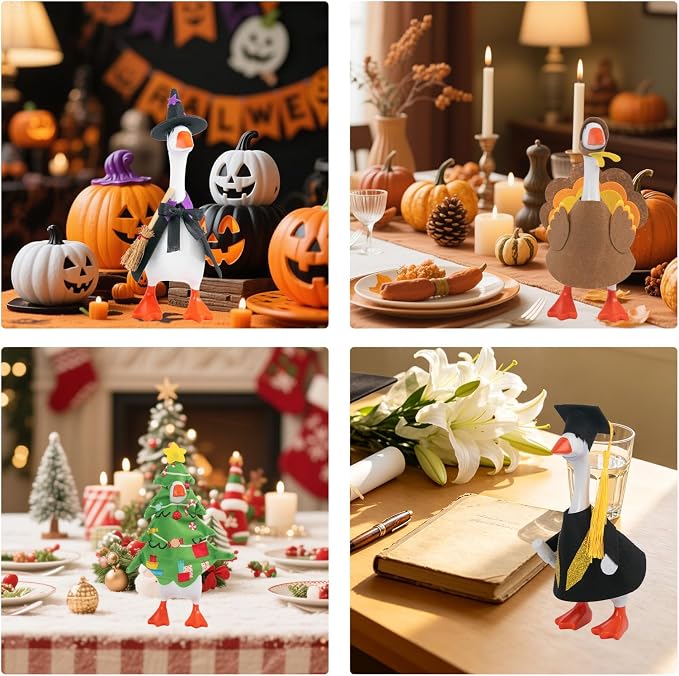 12 Set Holiday Mini Desk Goose Outfit 7 Inch Desktop Magnetic Goose Clothes | Summer Fall Halloween Christmas Winter Magnetic Geese Statue Felt Fabric Costume for Table Decor Gifts