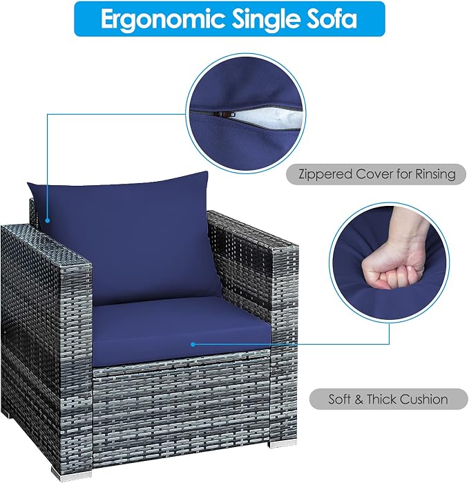 HAPPYGRILL 3 Pieces Patio Conversation Set Outdoor Rattan Wicker Sofa Set with Coffee Table Patio Furniture Set with Soft Cushions for Balcony Porch Backyard Garden