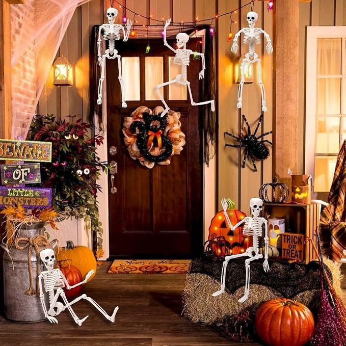 XIMISHOP 5pcs Halloween Skeleton Decoration, 16" Full Body Posable Hanging Skeleton with Movable Joints for Graveyard Haunted House Indoor Outdoor, White