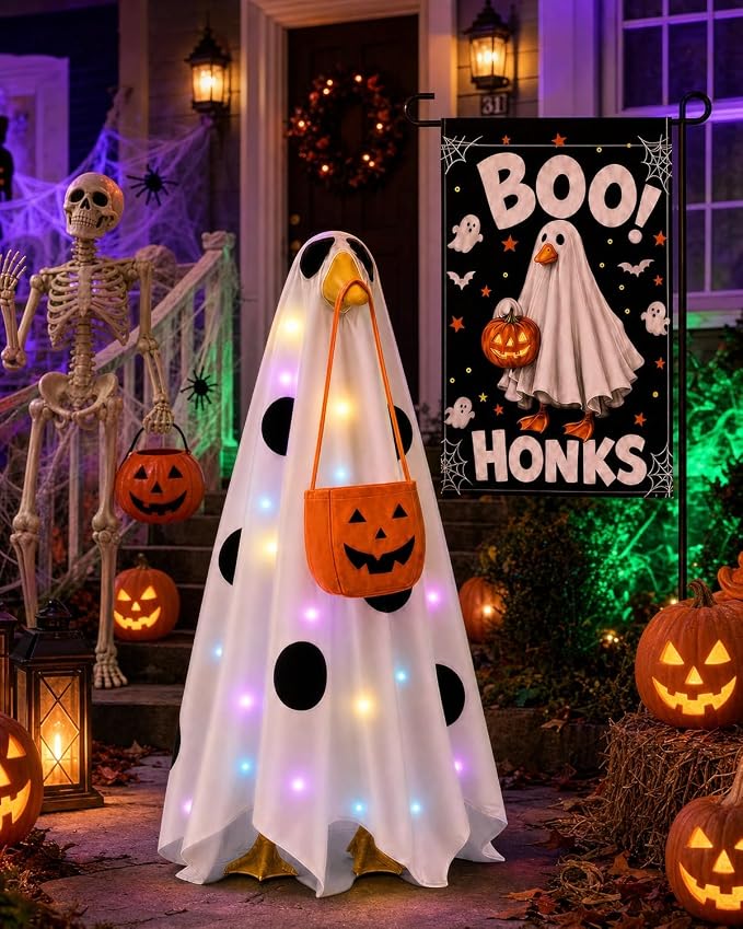 Halloween Porch Goose Outfits, 23 Inch Light Up Ghost Costume & Flag | Ghost porch goose halloween outfit for cement goose. LED ghost clothes with pumpkin bag & flag, gift for mom, grandma.