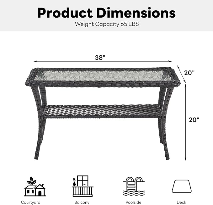 Belord 38 Inch Outdoor Coffee Table with 2 Tier Storage - Wicker Coffee Table with Water Ripple Texture Tempered Glass Top, All Weather Patio Coffee Table for Deck Porch Balcony Garden Black