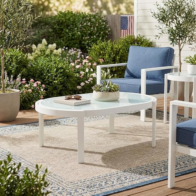 Merax Modern Outdoor Oval Coffee Table with Tempered Glass Top, White Aluminum Frame, Weather-Resistant Patio Center Table for Backyard, Deck & Poolside, White