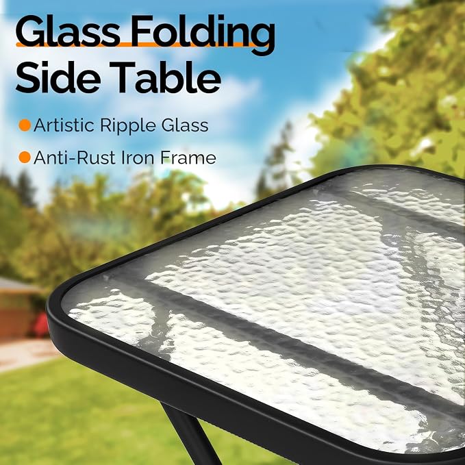 VINGLI Folding Glass Outdoor Side Table, 18 Inches Small Foldable Patio Bistro Table with Tempered Glass Table Top for Lawn & Garden, Balcony, Porch and Pool, Rectangular