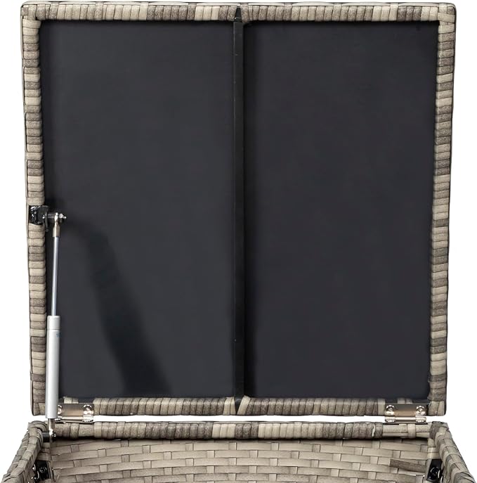 Outdoor Storage Side Table with Lid – PE Wicker Patio Table, 13-Gallon Square Bin for Hose, Cushions – All-Weather Rattan Deck Furniture (Grey)