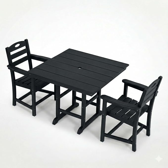 WILLIAMSPACE 37.8" Outdoor Patio Dining Set with 2 Armchairs, All Weather HDPE Square Dining Table with Umbrella Hole, Patio 3-Piece Bistro Set for Backyard, Balcony, Lawn, Kitchen (Black)