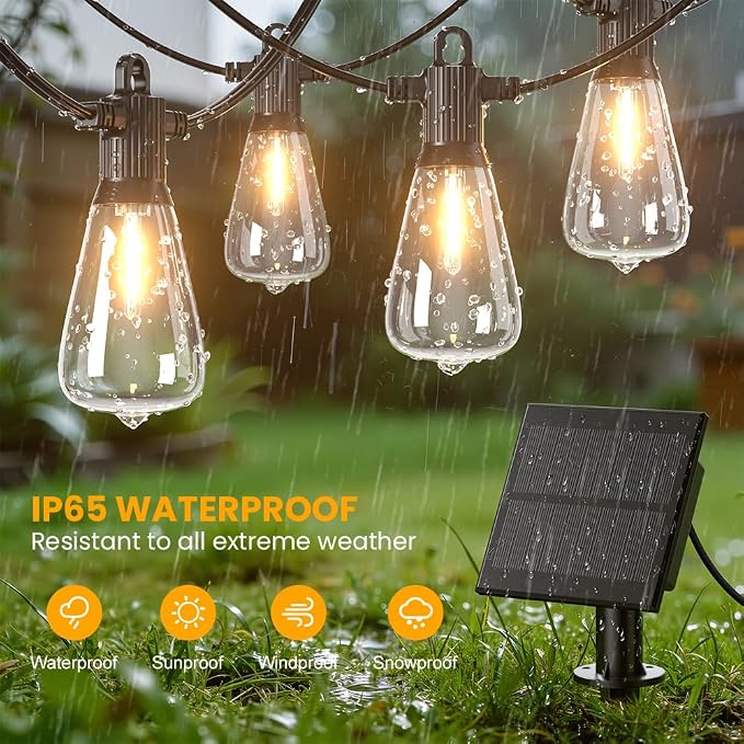 50FT Solar String Lights Outdoor Waterproof IP65 with USB-Charging , Solar Powered LED Patio Lights with 25+2 Shatterproof ST38 Edison Bulbs, Hanging Lights for Outside Backyard Garden Bistro Gazebo