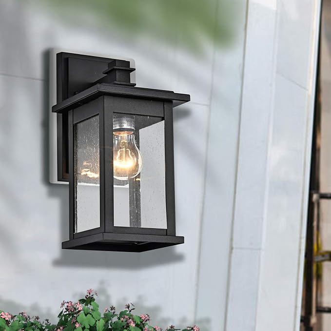 MICSIU 2 Pack Matte Black Outdoor Wall Sconce, 12 Inch Vintage Farmhouse | Square Exterior Light Fixtures with Clear Seedy Glass, Waterproof Outside Wall Mountnt Light for House, Porch, Garage
