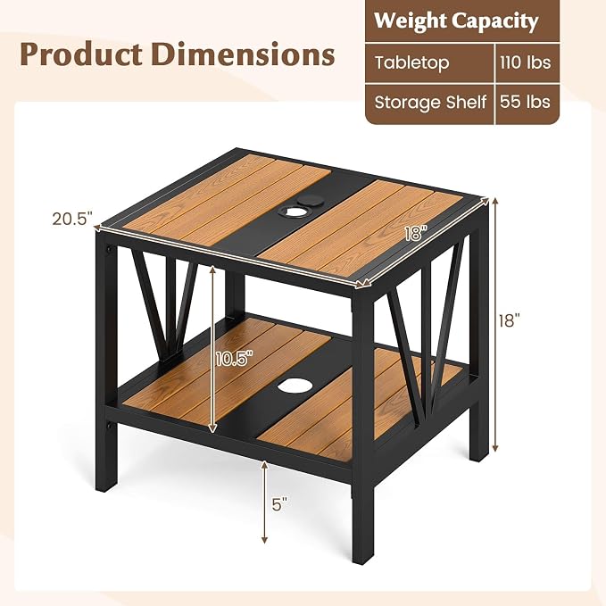 HAPPYGRILL Outdoor Side Table with Umbrella Hole 1.57”, 2-Tier Coffee Bistro End Table Umbrella Stand with Storage Shelf, for Backyard Poolside Garden (1)