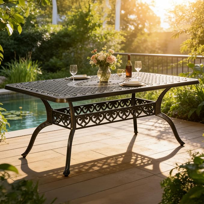 MEETWARM Outdoor 60" Rectangular Patio Dining Table, All Weather Cast Aluminum Large Patio Furniture Table Fits for 6-8 Person with 2" Umbrella Hole, Dark Bronze