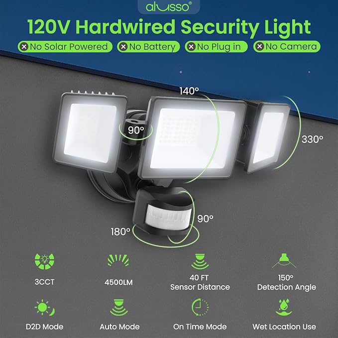 ALUSSO Motion Sensor Outdoor Lights Hardwired(Not Solar),40W 4500LM Flood Lights Outdoor 120V, 3CCT 3000K/4000K/6500K, 3 Modes(Dusk to Dawn/Auto/On Time) Security Light for Garage Yard Porch,Black,ETL