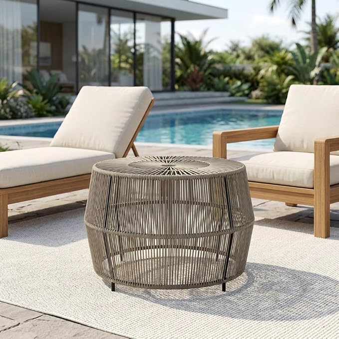 Gray Wicker Round Outdoor Coffee Table with Sturdy Frame, Weather-Resistant Design, Ideal for Patio, Garden, and Outdoor Living Spaces
