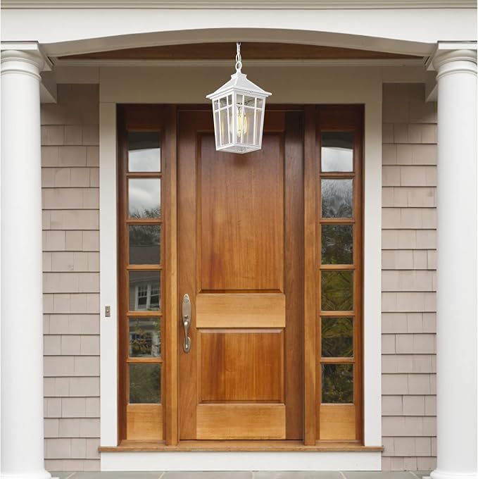 Darkaway Outdoor Pendant Light Fixture, Outdoor Hanging Light Porch Lights Fixtures Anti-Rust Waterproof Aluminum with Seeded Glass for Porch Entryway Doorway Farmhouse White