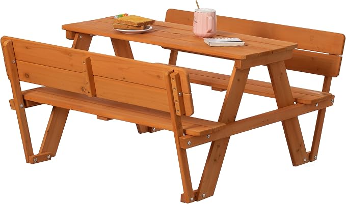Gardenised Wooden Kids Picnic Bench with Backrest, Outdoor Children's Backyard, Crafting, Dining, and Playtime Patio Table, Stained