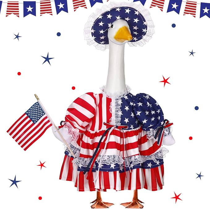 4th of July Porch Goose Outfit Patriotic Geese Clothes for 23" High Cement or Plastic Goose Costume for Yard Lawn Outdoor Garden 250th Anniversary Duck Statue Dresses Independence American Flag Decor
