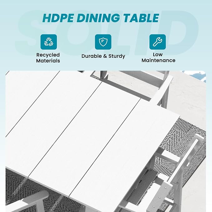 LOUNZY 75.2" HDPE Rectangle Outdoor Dining Table for 8, Oversized Patio Dining Table w/ 2" Umbrella Hole,White
