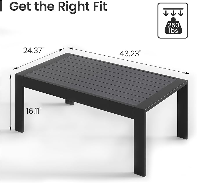FansaFurn All-Weather Aluminum Outdoor Coffee Table, Modern Rectangle Patio Coffee Table for Balcony Garden, Deep Grey