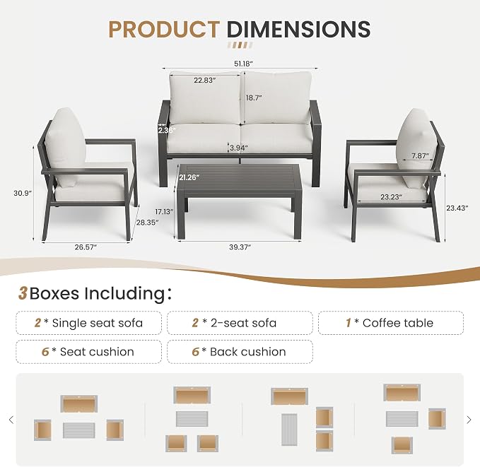5 Pieces Aluminum Patio Furniture Set Deck Outdoor Furniture 6-Seat Patio Conversation Sets All-Weather Rust-Proof Sectional Sofa Set with Removable Cushion for Deck, Balcony, Yard, Poolside