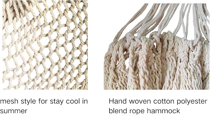Double Mayan Handwoven Cotton Rope Hammock for Outdoor Indoor Patio Backyard, 79x59 Inch Bed, 480 lbs Capacity, 2 Person (White and tan)