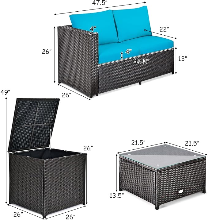 Tangkula 8 Piece Wicker Patio Set with Storage, All Weather-Proof Outdoor Conversation Set with Loveseat, Glass Top Coffee Table & Storage Box, Suitable for Garden, Poolside, Sunroom (2, Turquoise)