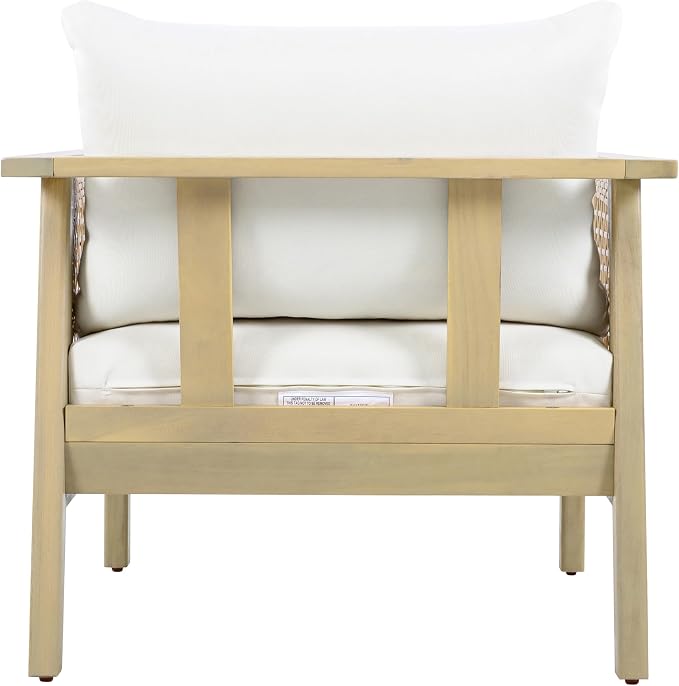 Merax Outdoor Acacia Wood Single Chair PE Wicker Club Chair Dining Chair with Waterproof Detachable Cushion, Light Teak Finish & Cream Cushion