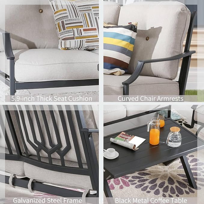 Patio Conversation Set 4 Pieces Metal Outdoor Furniture Sets Outside Loveseat with Rocking Chairs Coffee Table Thick Cushions (Beige)