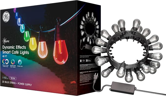 Cync GE Dynamic Effects Color Changing Smart Outdoor String Lights, 48ft | App control, Alexa & Google compatible, color changing patio cafe lights, weather resistant, 48ft, dynamic lighting effects