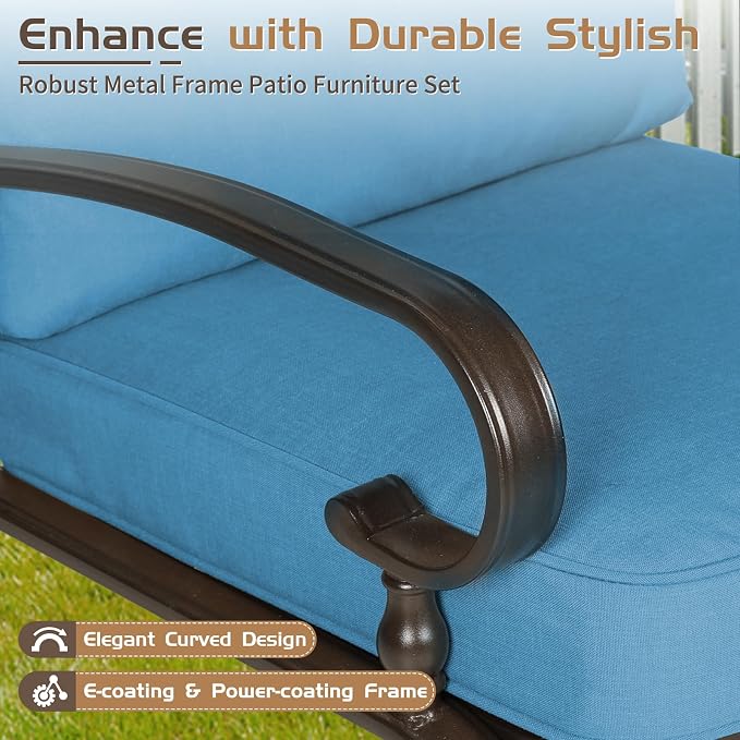 Oakcloud 7Pcs Metal Outdoor Furniture Patio Conversation Set (Loveseat, Coffee Table and Bistro Table, 2 Spring Chair, 2 Dining Chair) -Wrought Iron Patio Chair Set with Cushions (Blue)